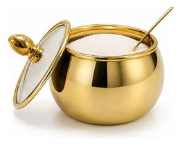 Açucareiro Inox C/colher Prata E Dourado C/ Tampa De Vidro Açucareiro Inox C/colher Prata E Dourado C/ Tampa De Vidro