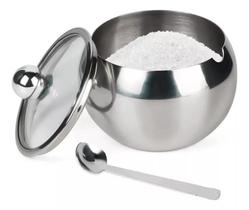 acucareiro inox com colher e tampa de vidro