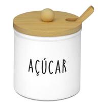 Açucareiro Pote Porta Açúcar Em Vidro Tingido Branco Com Tampa E Colher De Bambu Natural 300ml