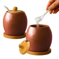Açucareiro Saleiro De Cerâmica Com Tampa De Bambu E Colher 250ml