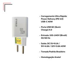 Adaptador Carregador 40W Tipo C Potência Máxima para Seu Dispositivo Adaptador Carregador 40W Tipo C Potência Máxima para Seu Dispositivo