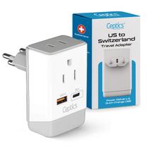 Adaptador de plugue Ceptics Switzerland Tipo J AP-11A com QC 3.0 e PD Adaptador de plugue Ceptics Switzerland Tipo J AP-11A com QC 3.0 e PD