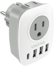 Adaptador de plugue VINTAR tipo E/F para EUA com 1 USB C, 3 portas USB Adaptador de plugue VINTAR tipo E/F para EUA com 1 USB C, 3 portas USB