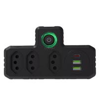 Adaptador de Tomada 3 Tomadas 2 Interface USB 1 Porta USB Type-C Preto 2500W 10A