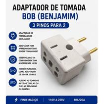 Adaptador de Tomada BOB Benjamin 10A/20A 3 Pinos para 2 Pinos Padrão ABNT Adaptador de Tomada BOB Benjamin 10A/20A 3 Pinos para 2 Pinos Padrão ABNT