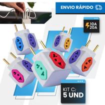 Adaptador de Tomada Kit C/5 Benjamin 10A/20A CUBO Pino Maciço Resistente 4 Tomadas Coloridas