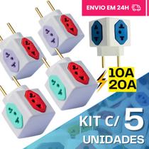 Adaptador de Tomada Kit C/5 Benjamin CUBO 10A/20A Pino Maciço Resistente 4 Tomadas Colorida