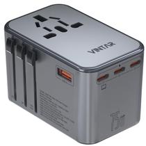 Adaptador de Viagem VINTAR 75W GaN - 3 USB-C PD + 2 USB-A QC - Cinza