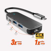Adaptador Hub USB Tipo C 4 em 1 com 2 Portas USB A, 1 Porta USB Tipo C e 1 porta HDMI 4k, Alta Velocidade, Corpo em Alumínio, HUB41HD, ELG Adaptador Hub USB Tipo C 4 em 1 com 2 Portas USB A, 1 Porta USB Tipo C e 1 porta HDMI 4k, Alta Velocidade, Corpo em Alumínio, HUB41HD, ELG