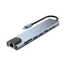 Adaptador Hub USB Tipo C 8 Em 1 Com Leitor De Cartão SD TF RJ45 E Carregamento Rápido PD Para