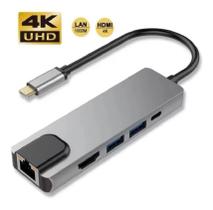 Adaptador Tipo C 5 Em 1 Lan 1000Mb Rj45 Usb 3.0 4K Hdmi Pd