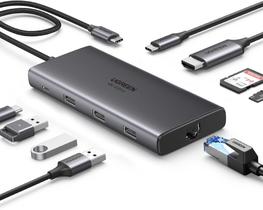 Adaptador UGREEN Hub USB C 3.2 10 Gbps (9 Em 1) Thunderbolt HDMI 4K 60Hz RJ45 Leitor cartão PD 100W