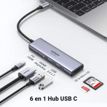 Adaptador UGREEN Hub USB C 6 Em 1 Thunderbolt 3/4 HDMI 4K 60Hz Tipo C 100W PD Leitor cartão USB 3.0