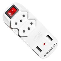 Adaptador Universal DNI 2 Tomadas 2P + T com Interruptor Liga/Desliga 2 Entradas USB 10A Cor Branco