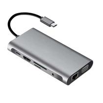 Adaptador USB C 3.0 10 em 1 com 4K HDMI, VGA, Tipo C PD, USB3.0, Ethernet RJ45, Leitor de cartão