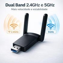 Adaptador Wi-fi 2 Antenas Dual Band 2-4G e 5G USB 3.0 5Ghz 1300Mbps Bluetooth