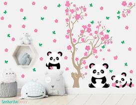 Adesivo Árvore Com Ursos Panda Arvore Flores Adesivo Árvore Com Ursos Panda Arvore Flores