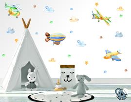 Adesivo Aviões Balões e Nuvens Avião Retrô Colorido