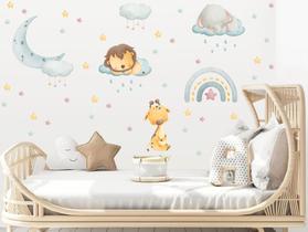 Adesivo de Animais Aquarela Nuvens Lua Cute Baby Safari