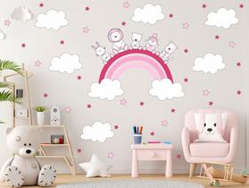 Adesivo de Parede Animais Arco Íris Rosa Estrelas e Nuvens