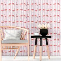 Adesivo De Parede Animais Flamingo Rosado Fundo com Listras Rosa e Branca 310x58cm