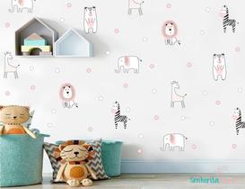 adesivo de parede animais miniaturas rosa bebê e branco