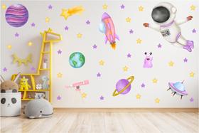 adesivo de parede aquarela astronauta planetas foguete - adesivos kigrude