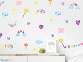 adesivo de parede arco íris aquarela sorvete coração estrela
