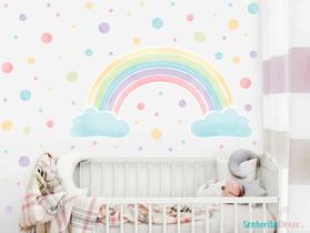 adesivo de parede arco íris e bolinhas tons pastéis