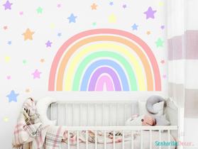 adesivo de parede arco íris e estrelas coloridas candy color