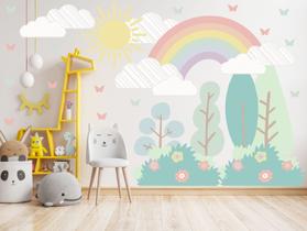 Adesivo De Parede Arco Íris Jardim Flores Arbustos Árvores Sol Nuvens Borboletas Decoração