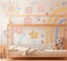 Adesivo de Parede Arco Íris Tons Boho Corações Flores Sol Adesivo de Parede Arco Íris Tons Boho Corações Flores Sol