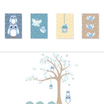Adesivo de Parede Arvore Coruja Baby Azul e Placas Decorativas