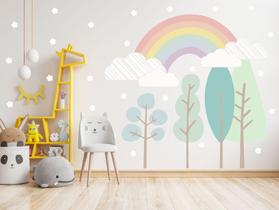 adesivo de parede arvores arco-íris quarto de bebê pastel - Adesivos Kigrude