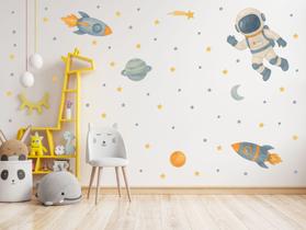 Adesivo De Parede Astronauta Aquarela Foguete Planetas Estrelas Azul Quarto Decoração