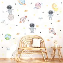 adesivo de parede astronauta aquarela foguete planetas lua ovnis decoração galáxia