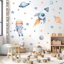 adesivo de parede astronauta planetas com foguete grande aquarela laranja