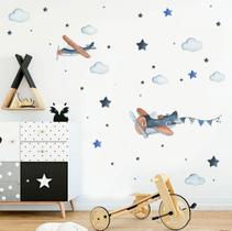 adesivo de parede aviões aquarela bandeirinha e nuvens decoração estrelas