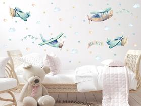 Adesivo de Parede Aviões Bandeirinha Aquarela Avião Tons de Azul e Verde