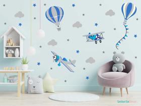 adesivo de parede aviões e balões azul e cinza