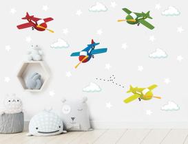 adesivo de parede aviões nuvens estrelas decoração infantil - Senhorita Decor