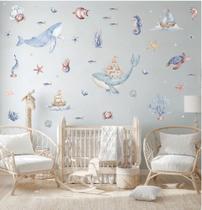 adesivo de parede baleias oceano mar barcos tartarugas algas marinhas aquarela decoração adesivo de parede baleias oceano mar barcos tartarugas algas marinhas aquarela decoração