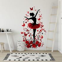 Adesivo de parede Ballet Dancer com borboletas e rosas vermelhas 30x90cm