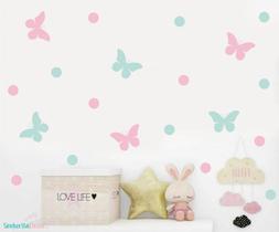 adesivo de parede borboletas e bolinhas rosa bebê e verde