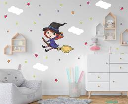adesivo de parede bruxinha vassoura chapéu estrelas meninas - Senhorita Decor