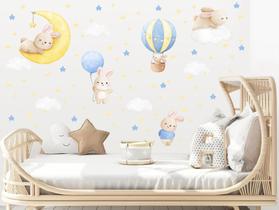 Adesivo De Parede coelhos aquarela balão bexigas lua nuvens