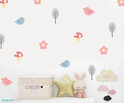 adesivo de parede cogumelos folhas pássaros e flores