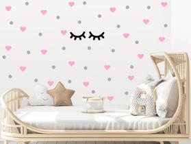 Adesivo de Parede Corações Rosa Bebê e Bolinhas Cinza