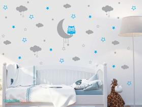 adesivo de parede coruja lua azul claro e cinza