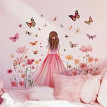 Adesivo de parede Creative Cartoon Girl com flores e borboletas Adesivo de parede Creative Cartoon Girl com flores e borboletas
